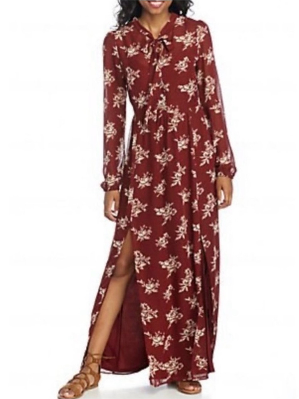 living doll Burgundy Floral Tie-Neck Maxi Dress
